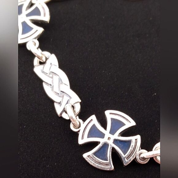 Sterling Silver 925 Maltese Cross Blue Enamel Bracelet Vintage - Picture 3 of 14
